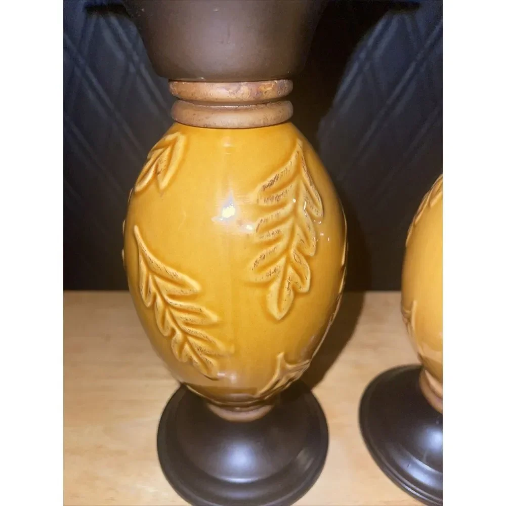 Retired Target Pair of Amber Leaf Embossed Ceramic Candle Holders Pillar Taper